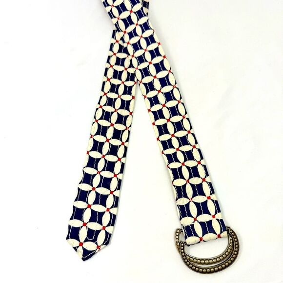 J. Crew Blue Red White Geometric Floral 100% Cotton Slide Buckle Fabric Belt - Picture 9 of 14